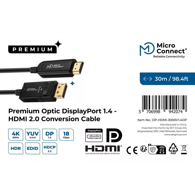 Microconnect DP-HDMI-3000V1.4OP cabo adaptador de vídeo 30 m DisplayPort HDMI Type-A (Standard) preto
