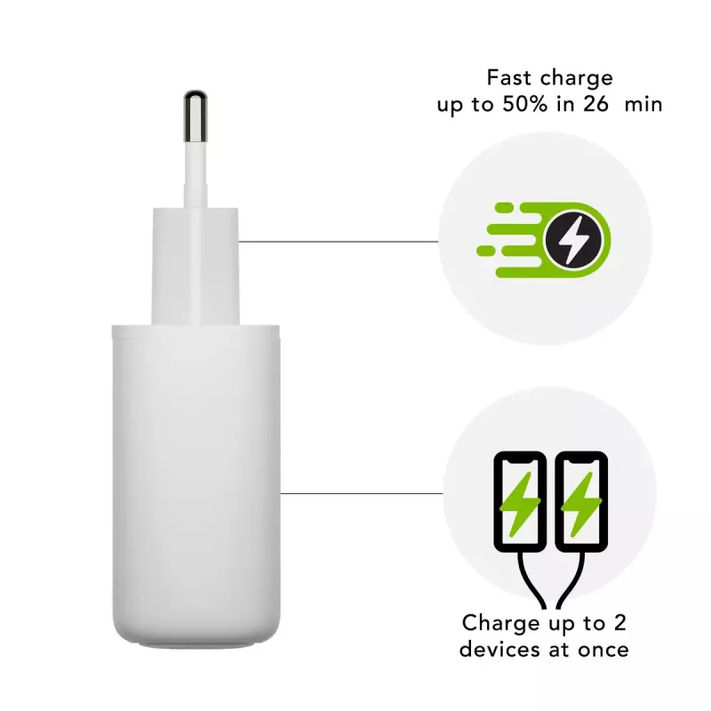Carregador de parede dbramante re-charge Pro — 2× USB-C 25W, 110–240V, Branco