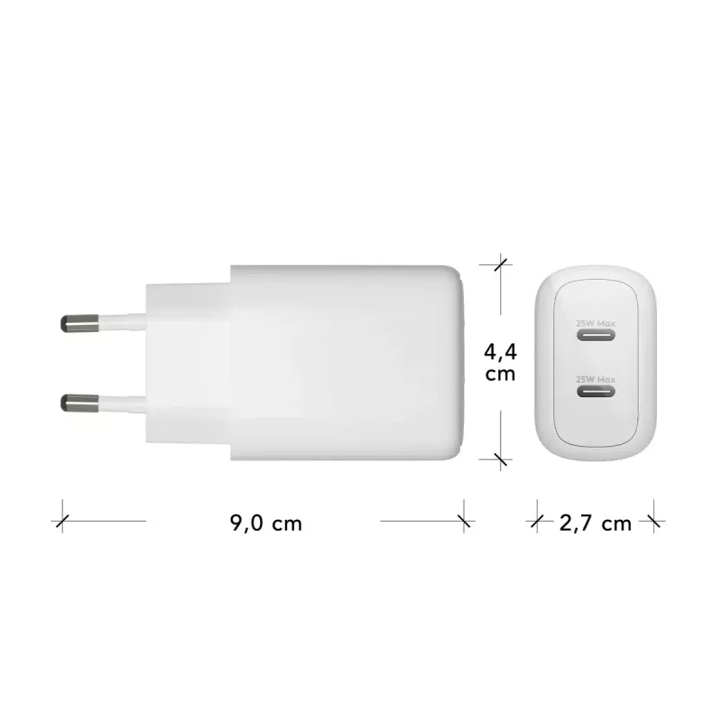 Carregador de parede dbramante re-charge Pro — 2× USB-C 25W, 110–240V, Branco