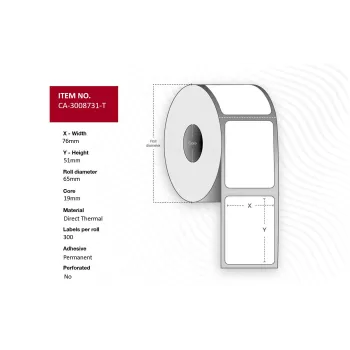Rolo de etiquetas Capture CA-3008731-T — etiquetas 76×51 mm, núcleo 19 mm, permanente, sem perfuração, marca preta, 300 etiquetas/rolo