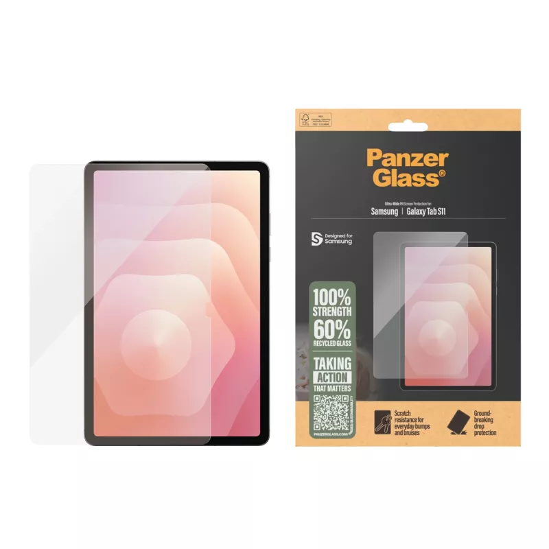 Película protetora de ecrã PanzerGlass para Samsung Galaxy Tab S11 — vidro temperado, PET, silicone, Ultra-Wide Fit, transparente