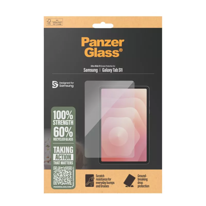 Película protetora de ecrã PanzerGlass para Samsung Galaxy Tab S11 — vidro temperado, PET, silicone, Ultra-Wide Fit, transparente