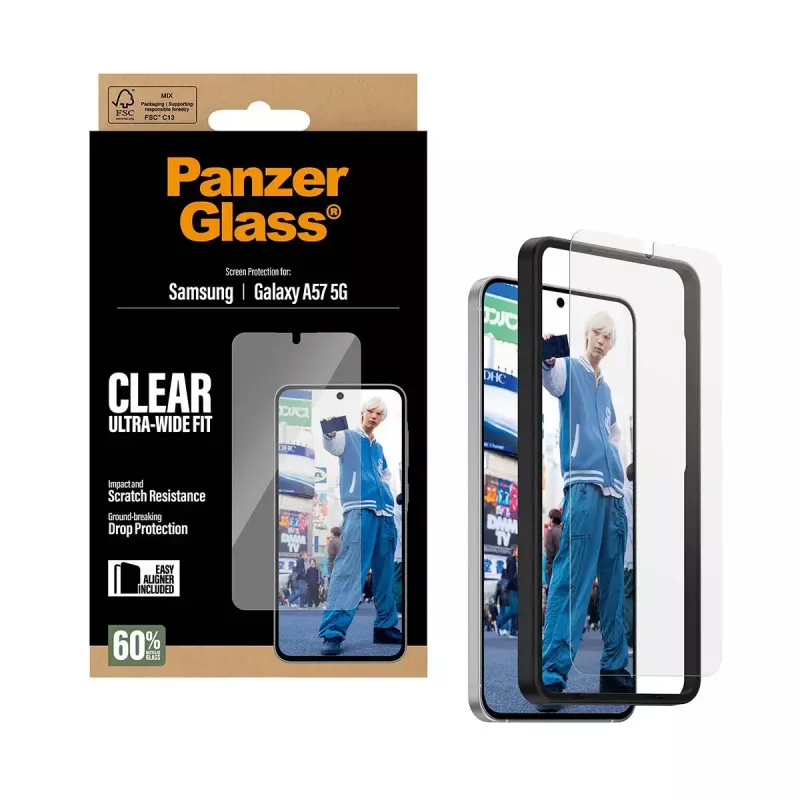 Protetor de ecrã PanzerGlass Ultra-Wide Fit para Samsung Galaxy A57 5G – transparente, resistente a riscos