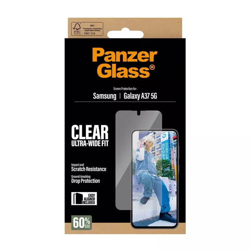 Protetor de ecrã PanzerGlass Ultra-Wide Fit para Samsung Galaxy A37 5G — transparente, resistente a riscos