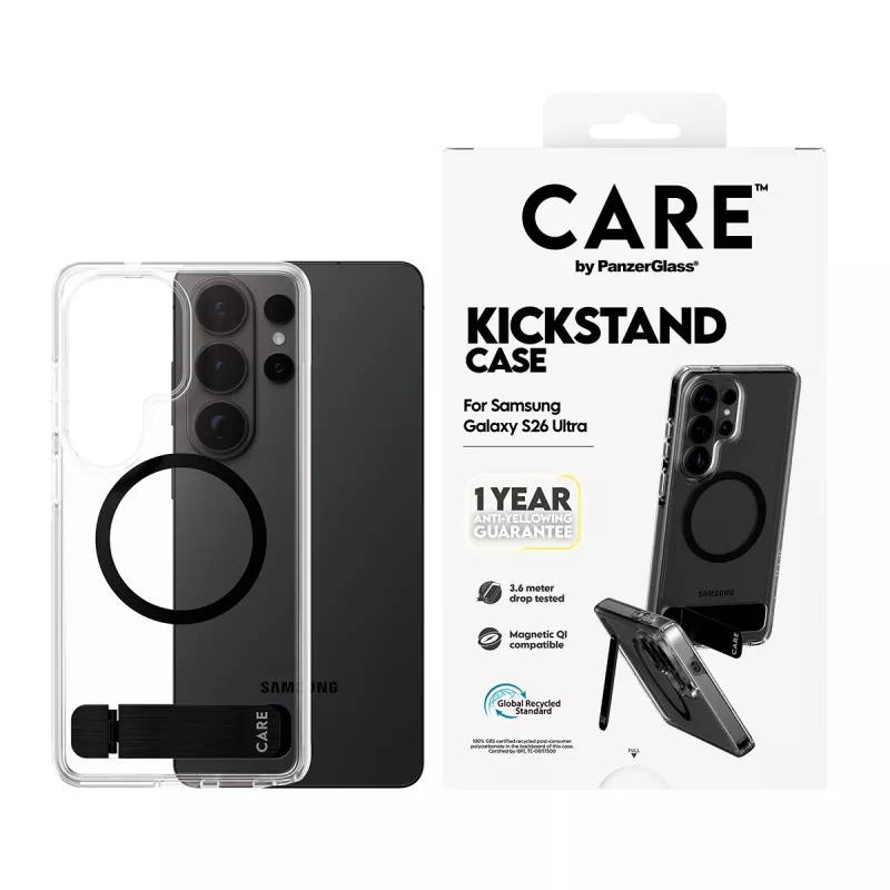 Capa PanzerGlass CARE™ Urban Explorer para Samsung Galaxy S26 Ultra — cobertura transparente com suporte preto e suporte Qi