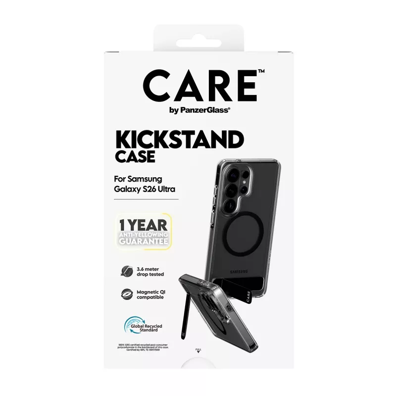 Capa PanzerGlass CARE™ Urban Explorer para Samsung Galaxy S26 Ultra — cobertura transparente com suporte preto e suporte Qi