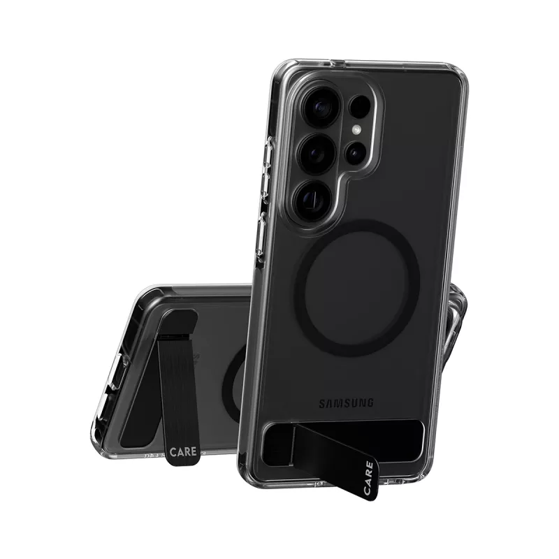 Capa PanzerGlass CARE™ Urban Explorer para Samsung Galaxy S26 Ultra — cobertura transparente com suporte preto e suporte Qi