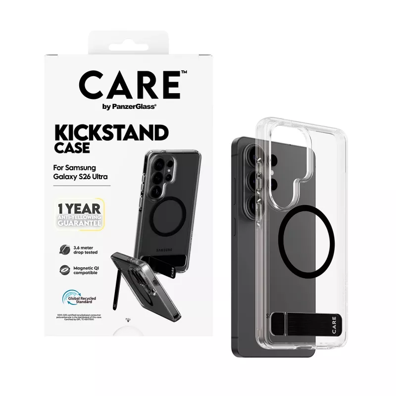 Capa PanzerGlass CARE™ Urban Explorer para Samsung Galaxy S26 Ultra — cobertura transparente com suporte preto e suporte Qi