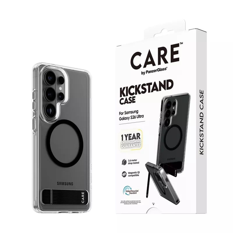 Capa PanzerGlass CARE™ Urban Explorer para Samsung Galaxy S26 Ultra — cobertura transparente com suporte preto e suporte Qi