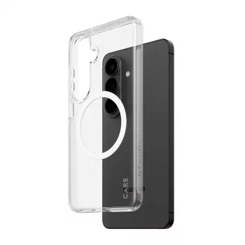 Capa PanzerGlass CARE™ Urban Explorer para Samsung Galaxy S26 — cobertura transparente com suporte Qi branco