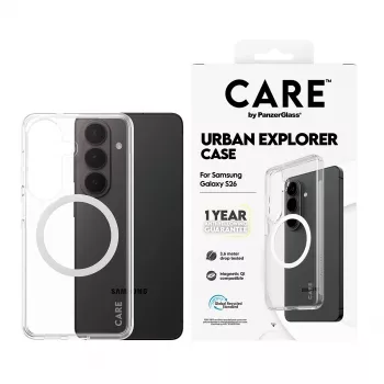 Capa PanzerGlass CARE™ Urban Explorer para Samsung Galaxy S26 — cobertura transparente com suporte Qi branco