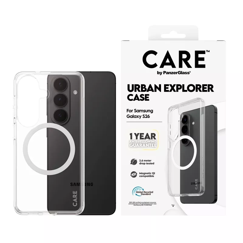 Capa PanzerGlass CARE™ Urban Explorer para Samsung Galaxy S26 — cobertura transparente com suporte Qi branco