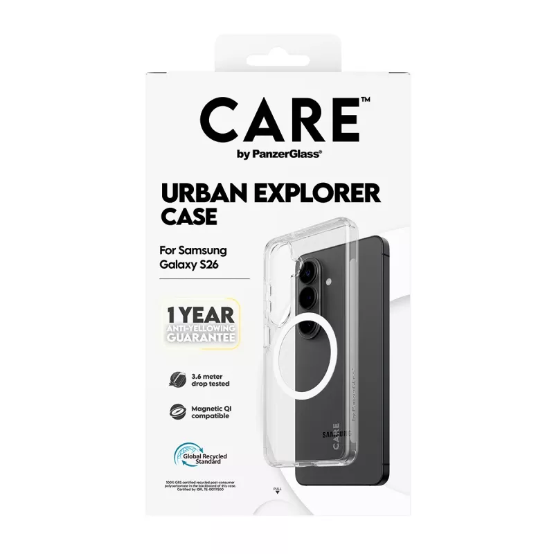 Capa PanzerGlass CARE™ Urban Explorer para Samsung Galaxy S26 — cobertura transparente com suporte Qi branco