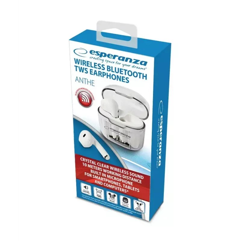 Auscultadores in-ear sem fios ESPERANZA EH237W — Bluetooth 5.3, controlo tátil, bateria 3–4 h, branco