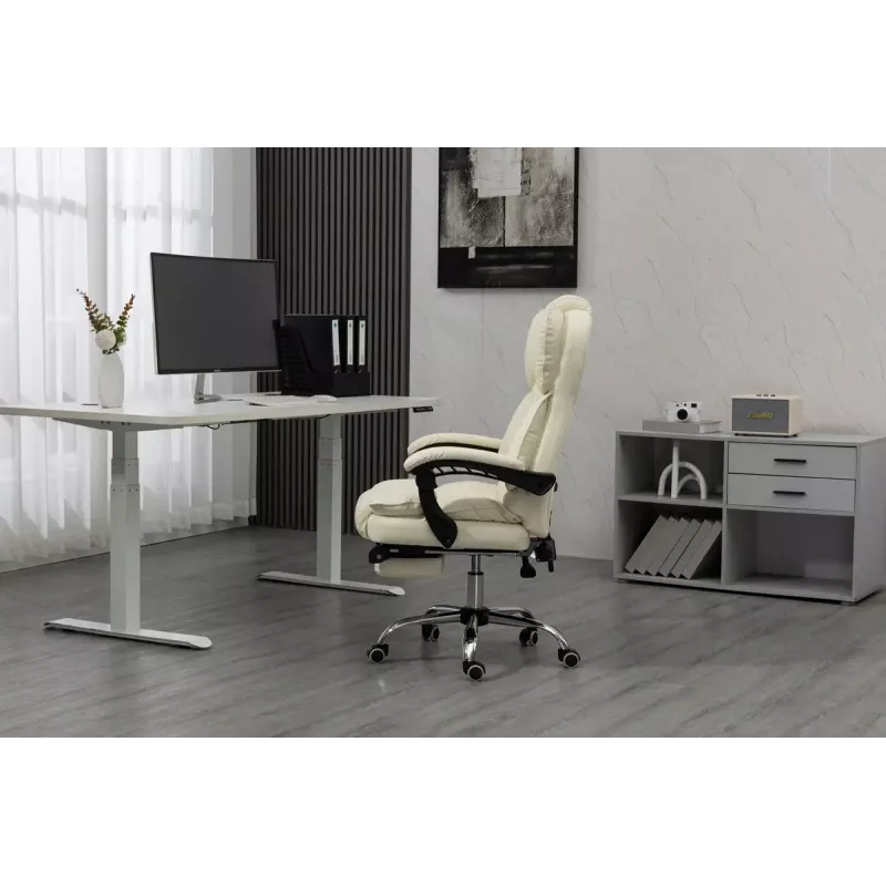 Cadeira giratória ActiveJet YK7416 — cadeira giratória ergonómica, pele ecológica bege, estrutura metálica, encosto acolchoado, apoio para os pés