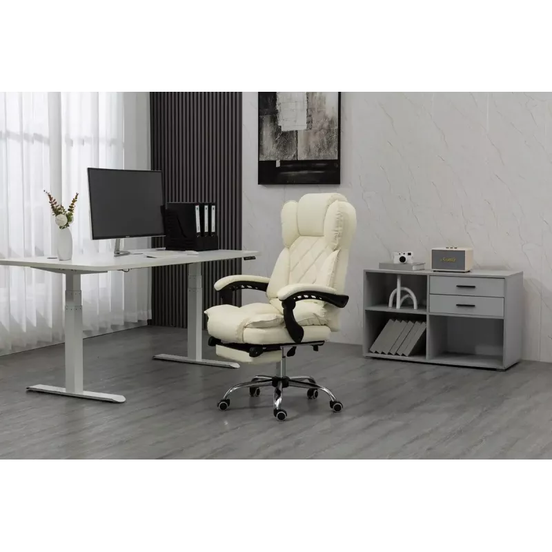 Cadeira giratória ActiveJet YK7416 — cadeira giratória ergonómica, pele ecológica bege, estrutura metálica, encosto acolchoado, apoio para os pés