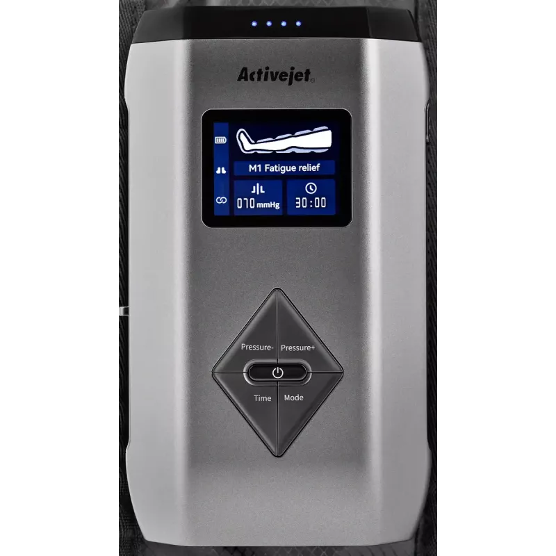 Aparelho de massagem por compressão para drenagem linfática das pernas ActiveJet ACM-PLUS-A1 S – alimentado por bateria 25 W, bateria integrada, 330×840×60 mm, preto/laranja