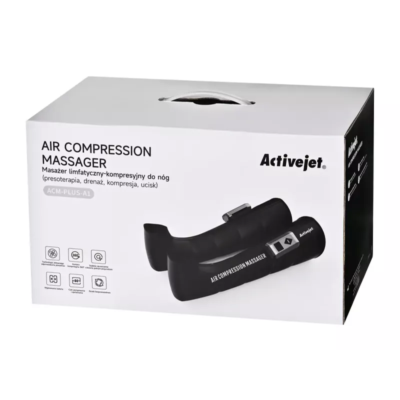 Aparelho de massagem por compressão para drenagem linfática das pernas ActiveJet ACM-PLUS-A1 S – alimentado por bateria 25 W, bateria integrada, 330×840×60 mm, preto/laranja