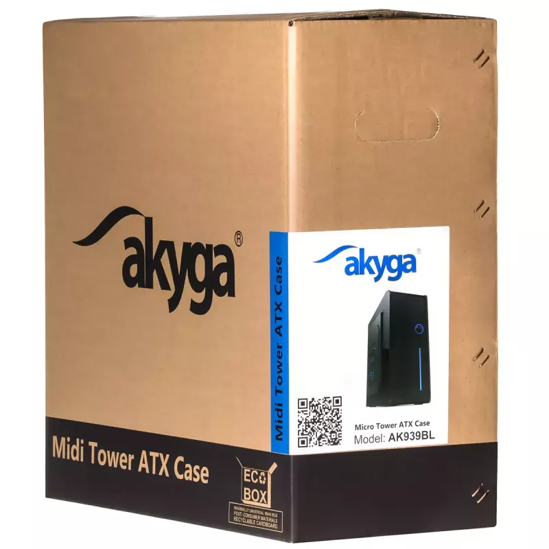 Caixa de PC Midi-Tower Akyga AK939BL, ATX / Micro-ATX / Mini-ITX, 2x USB 2.0, sem fonte de alimentação, preto