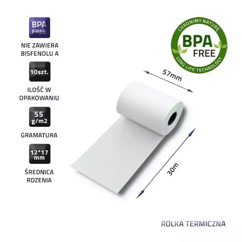 Rolos térmicos para caixa QOLTEC 57 x 30 mm 55 g/m² sem BPA, núcleo 17 mm, 10 unid.