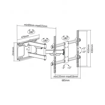 Suporte de parede para TV Cabletech LEC-UCH0205 para ecrãs de 37–70 polegadas, VESA 600x400, carga máx. 60 kg, preto