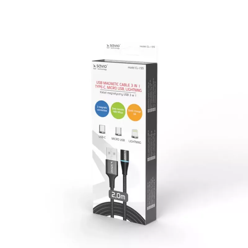 Cabo USB 2.0 SAVIO CL-155, USB A para USB-C / Micro-USB B / Lightning intercambiável, 2 m, preto