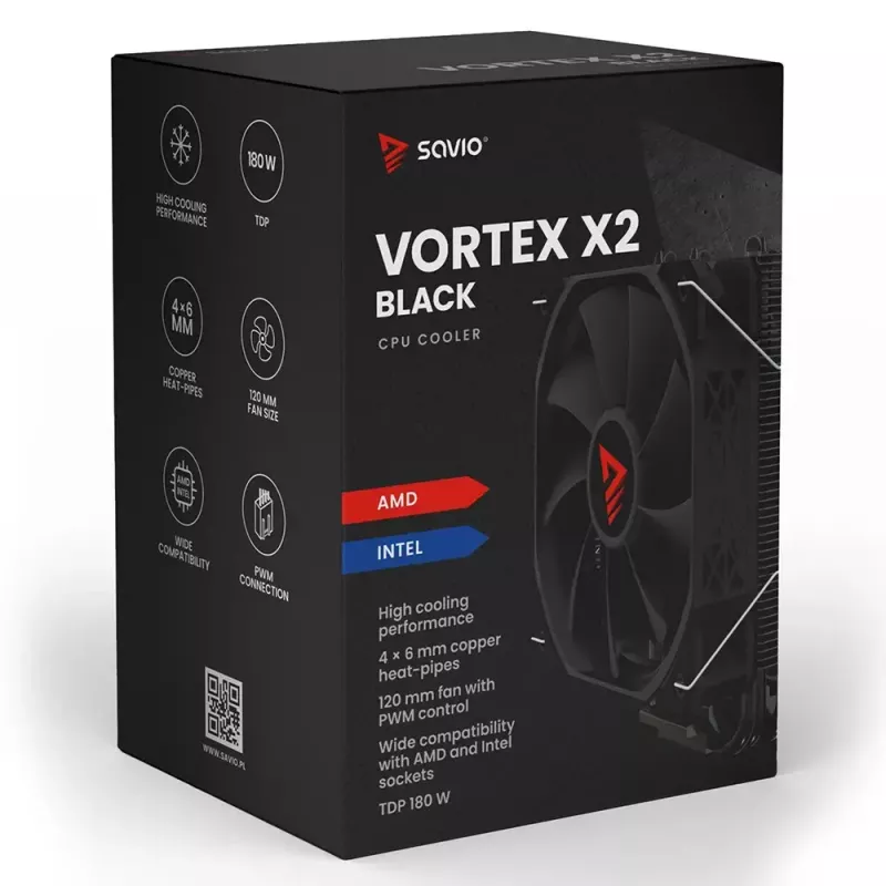 Arrefecedor de CPU a ar SAVIO Vortex X2 preto – ventoinha de 120 mm, altura 157 mm, PWM, compatível com LGA 2066