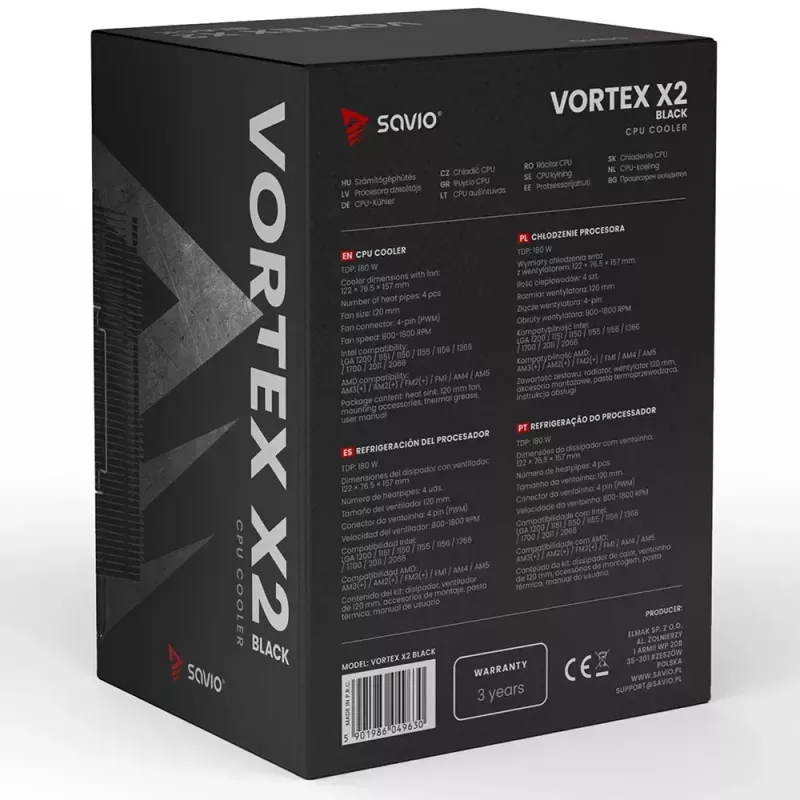 Arrefecedor de CPU a ar SAVIO Vortex X2 preto – ventoinha de 120 mm, altura 157 mm, PWM, compatível com LGA 2066