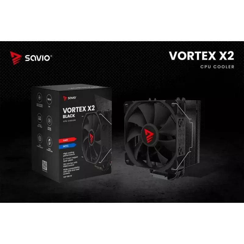 Arrefecedor de CPU a ar SAVIO Vortex X2 preto – ventoinha de 120 mm, altura 157 mm, PWM, compatível com LGA 2066