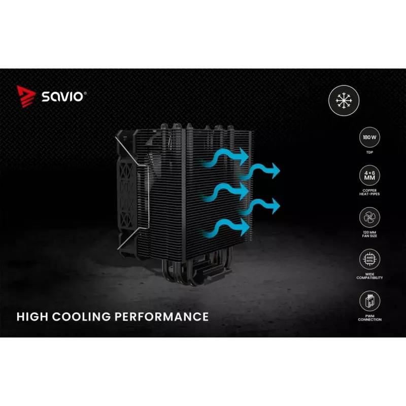 Arrefecedor de CPU a ar SAVIO Vortex X2 preto – ventoinha de 120 mm, altura 157 mm, PWM, compatível com LGA 2066