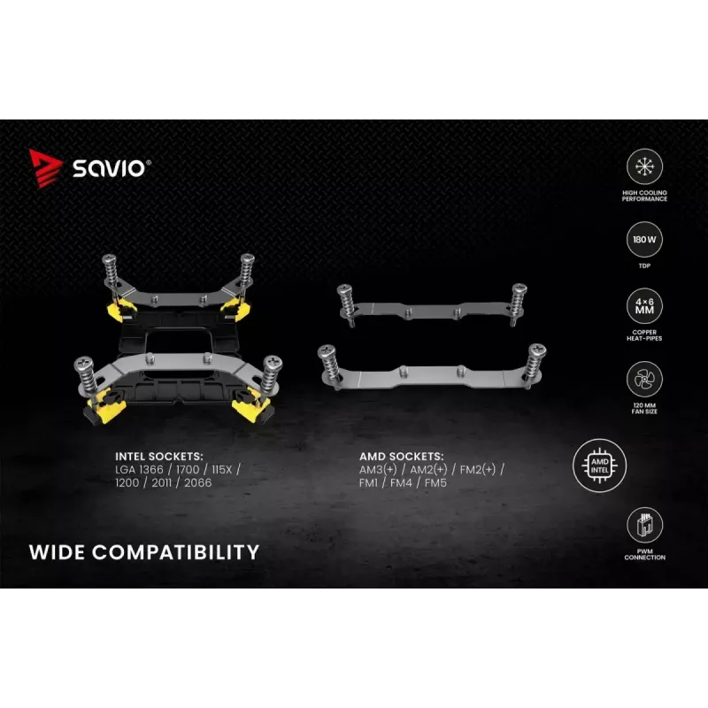 Arrefecedor de CPU a ar SAVIO Vortex X2 preto – ventoinha de 120 mm, altura 157 mm, PWM, compatível com LGA 2066