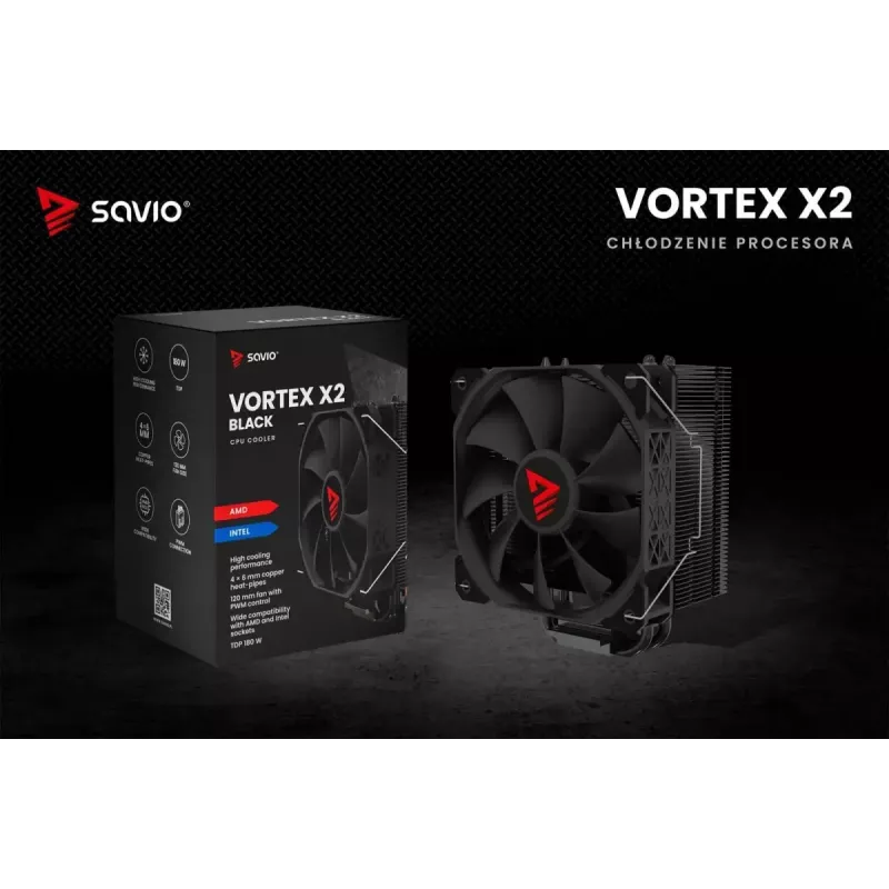 Arrefecedor de CPU a ar SAVIO Vortex X2 preto – ventoinha de 120 mm, altura 157 mm, PWM, compatível com LGA 2066