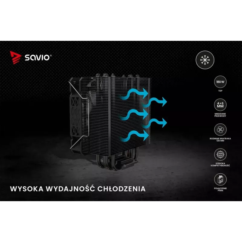 Arrefecedor de CPU a ar SAVIO Vortex X2 preto – ventoinha de 120 mm, altura 157 mm, PWM, compatível com LGA 2066