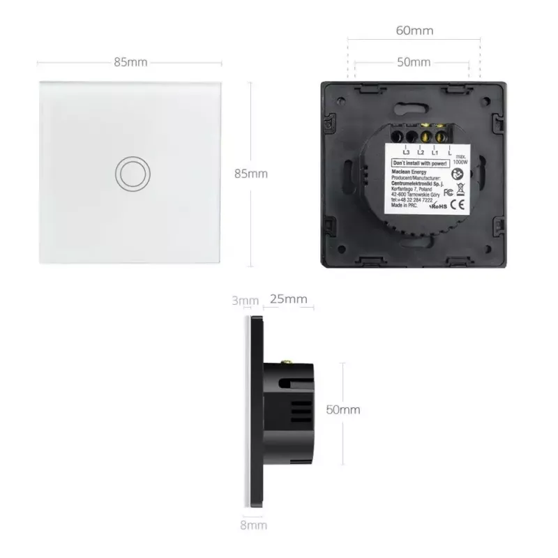 Interruptor de luz tátil MACLEAN MCE703W, frente de vidro, 1 função, 220V
