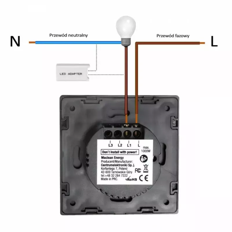 Interruptor de luz tátil MACLEAN MCE703W, frente de vidro, 1 função, 220V