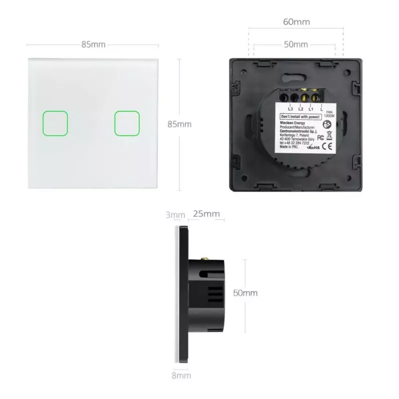 Interruptor de luz tátil MACLEAN MCE703W, frente de vidro, 1 função, 220V