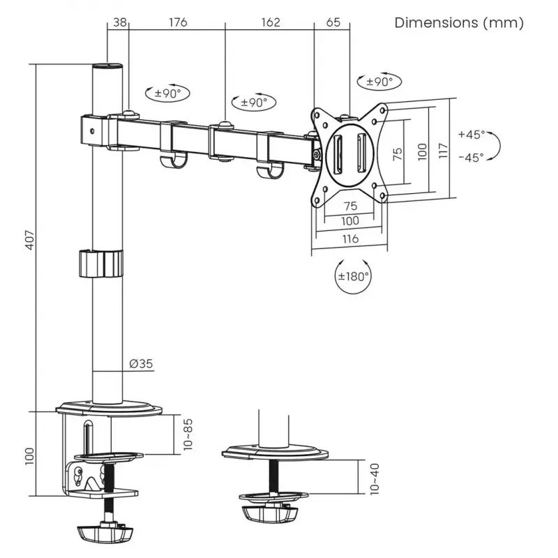 Suporte de secretária para monitor MACLEAN MC-753N para ecrãs 17–32 polegadas, VESA 75x75 / 100x100, máx. 9 kg, inclinação ±45°, rotação ±180°, ajustável em altura