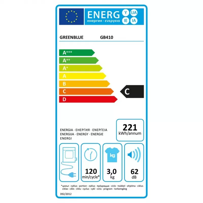 Máquina de secar roupa elétrica GreenBlue GB410 — capacidade 3 kg, 830 W, evacuação, 5 programas de secagem, classe de eficiência energética C