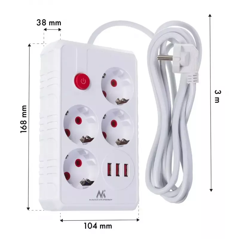 Extensão elétrica MACLEAN MCE393 W — 4 tomadas + 3×USB, 110–240V, 2,1A USB, 2500W, 3 m, branco