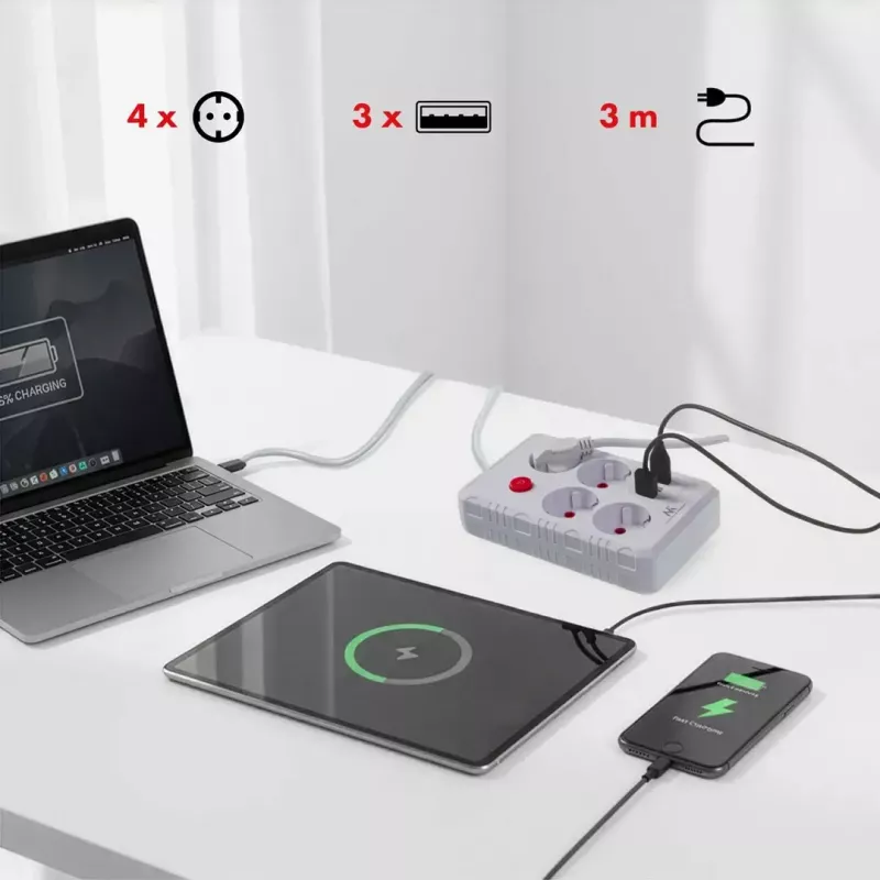 Extensão elétrica MACLEAN MCE393 W — 4 tomadas + 3×USB, 110–240V, 2,1A USB, 2500W, 3 m, branco