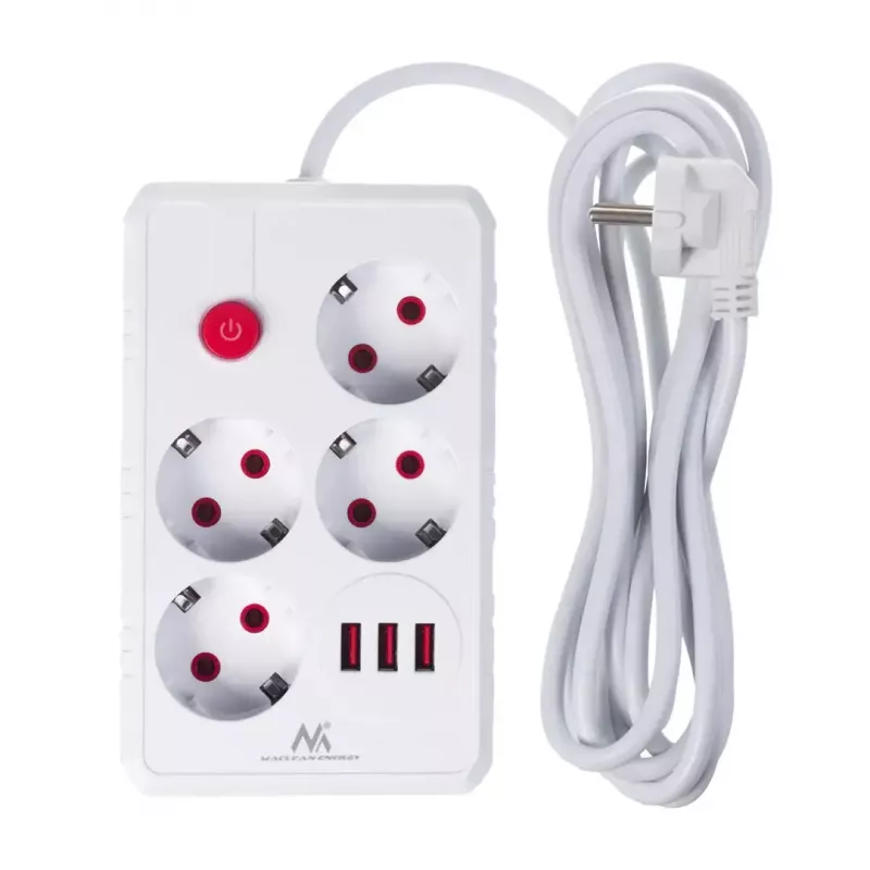 Extensão elétrica MACLEAN MCE393 W — 4 tomadas + 3×USB, 110–240V, 2,1A USB, 2500W, 3 m, branco