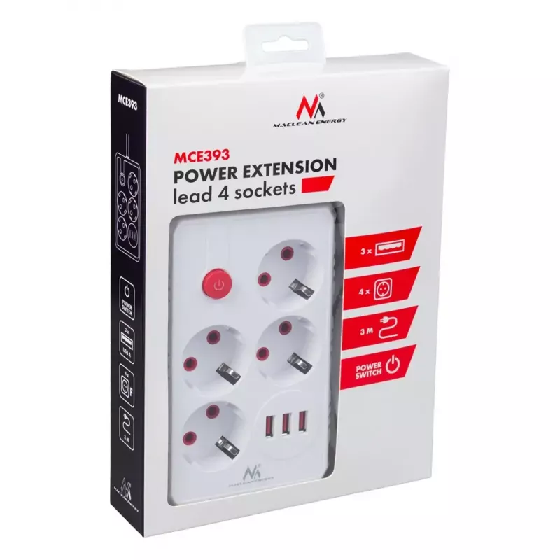 Extensão elétrica MACLEAN MCE393 W — 4 tomadas + 3×USB, 110–240V, 2,1A USB, 2500W, 3 m, branco