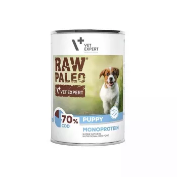 VETEXPERT RAW PALEO Puppy Monoproteico bacalhau 400 g, sem cereais, para cachorros, lata