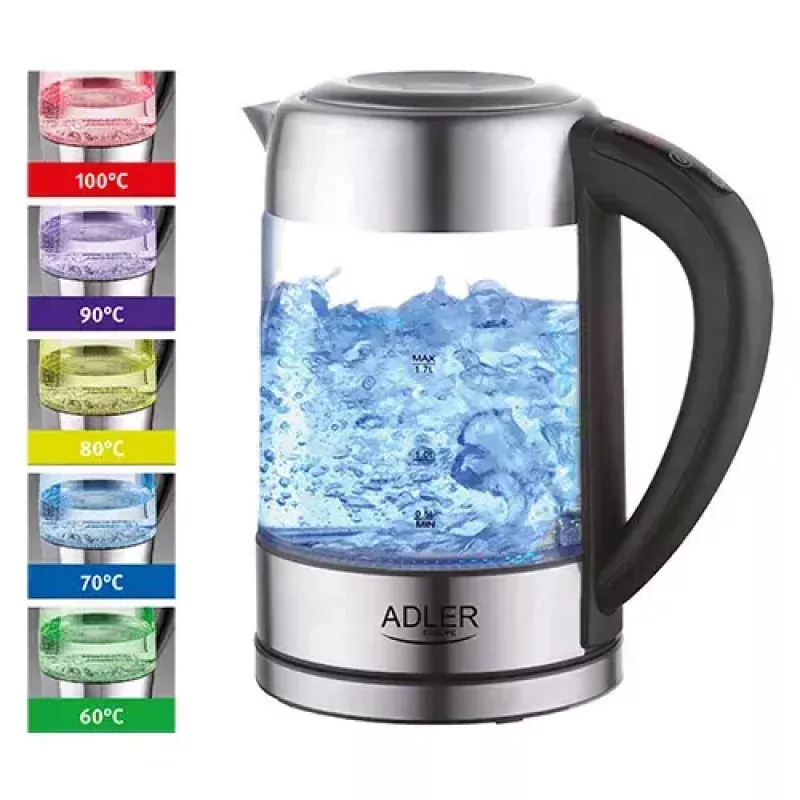 Chaleira Adler AD 1247 1,7 l 2200 W corpo de vidro elementos em aço inoxidável preto