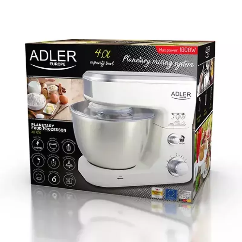 Robot de cozinha Adler AD 4216, 500 W, taça de aço inoxidável de 4 l, branco
