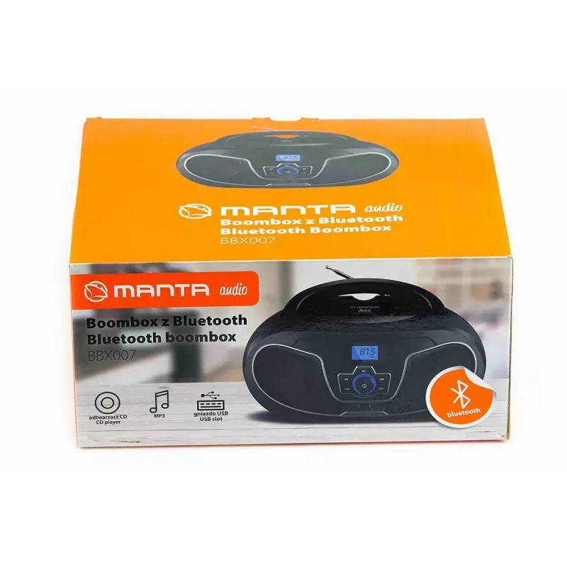 Rádio portátil MANTA BBX007 com Bluetooth 5.0, rádio FM (87,5–108 MHz), LCD, antena telescópica