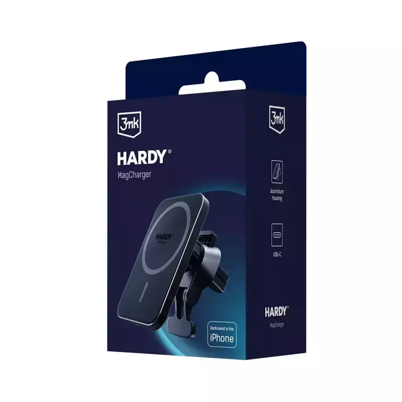 Carregador sem fios para automóvel 3MK HARDY MagCharger — automóvel USB-C 5/9V, carregamento sem fios rápido, preto