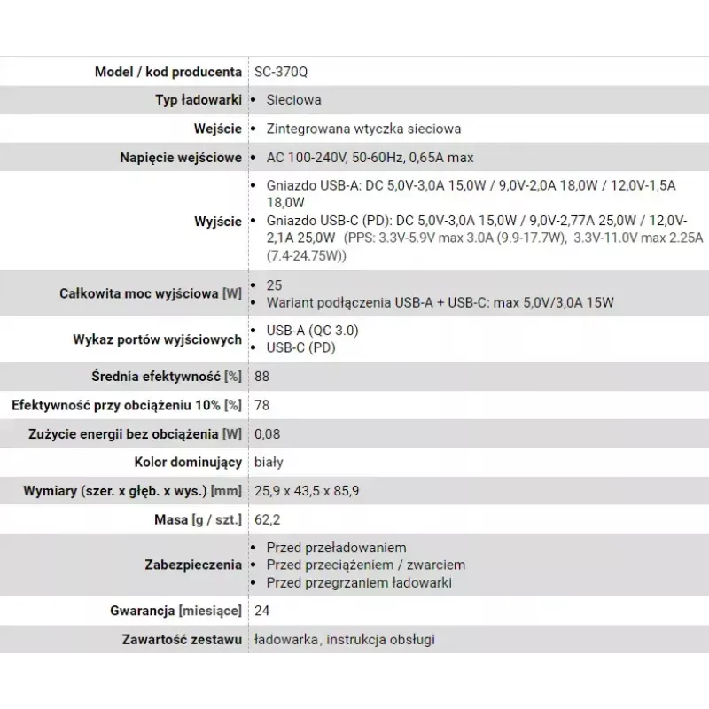 Carregador USB-C everActive SC-370Q 25W QC3.0 carregamento rápido USB