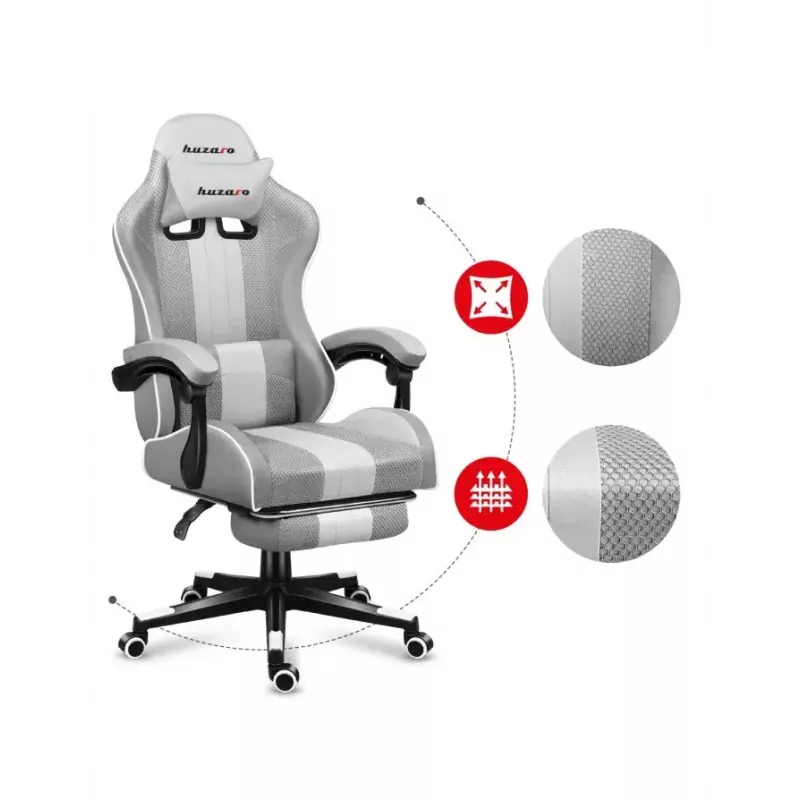 Cadeira gaming Huzaro FORCE 4.7 assento concha cinzento – tecido, assento e encosto almofadados, apoio de pés, peso máx. 140 kg, altura 113–123 cm