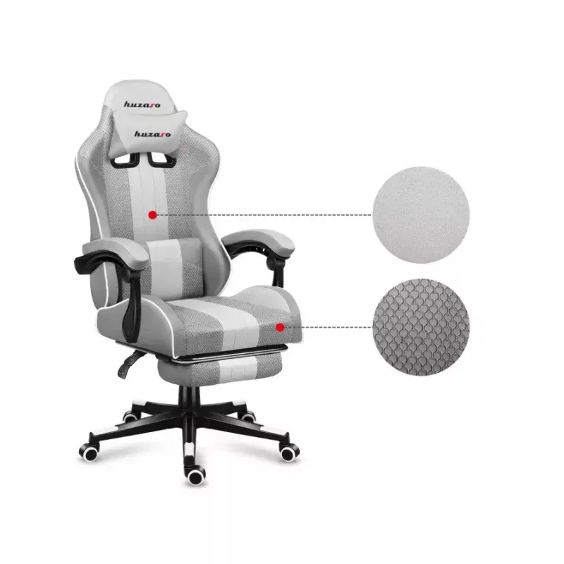 Cadeira gaming Huzaro FORCE 4.7 assento concha cinzento – tecido, assento e encosto almofadados, apoio de pés, peso máx. 140 kg, altura 113–123 cm